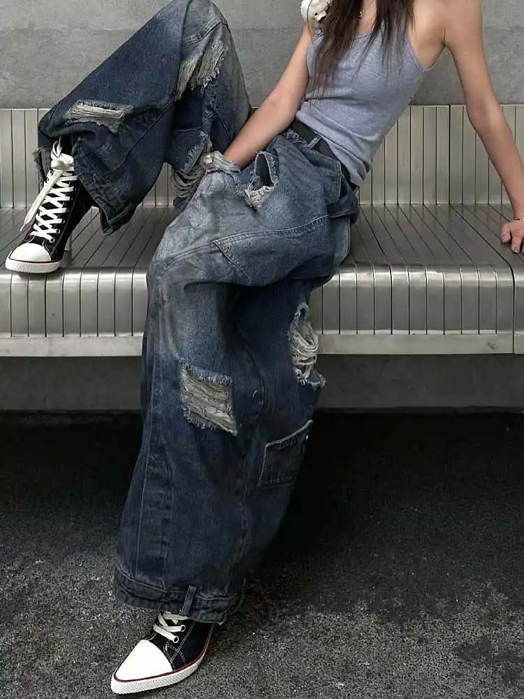Women Summer Goblin Core Baggy Ripped Jeans Grunge Japanese Low