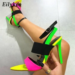 Eilyken Sexy Pointed Toe High Heels Women Sandal Fashion Mixed Color Buckle Strap Slides Summer Party Stripper Shoes Sandalias