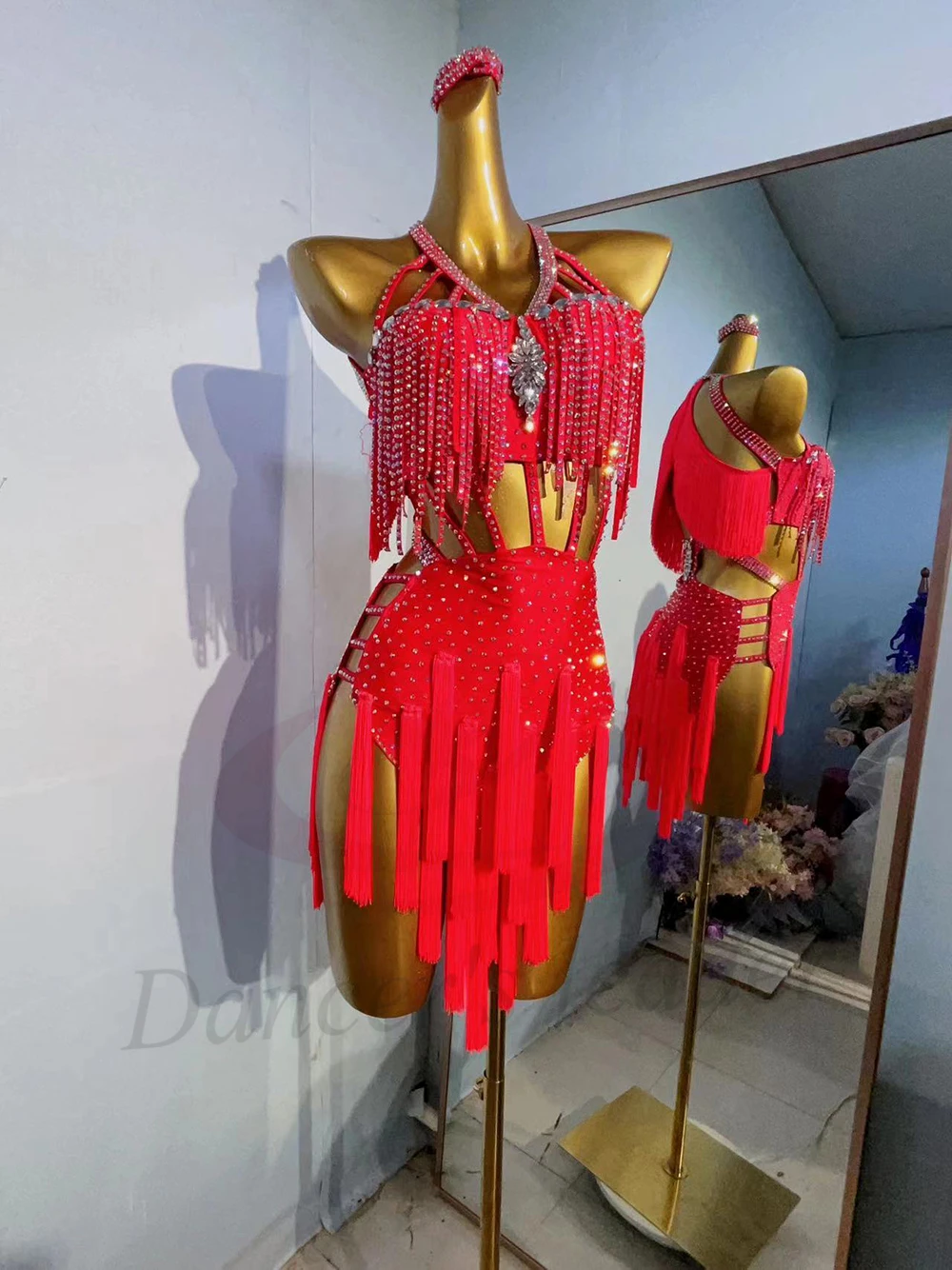 Robe de danse latine pour adultes et enfants, pierre AB, haut de gamme, personnalisé, pompon rouge creux, Cha Tango, vêtements professionnels pour femmes