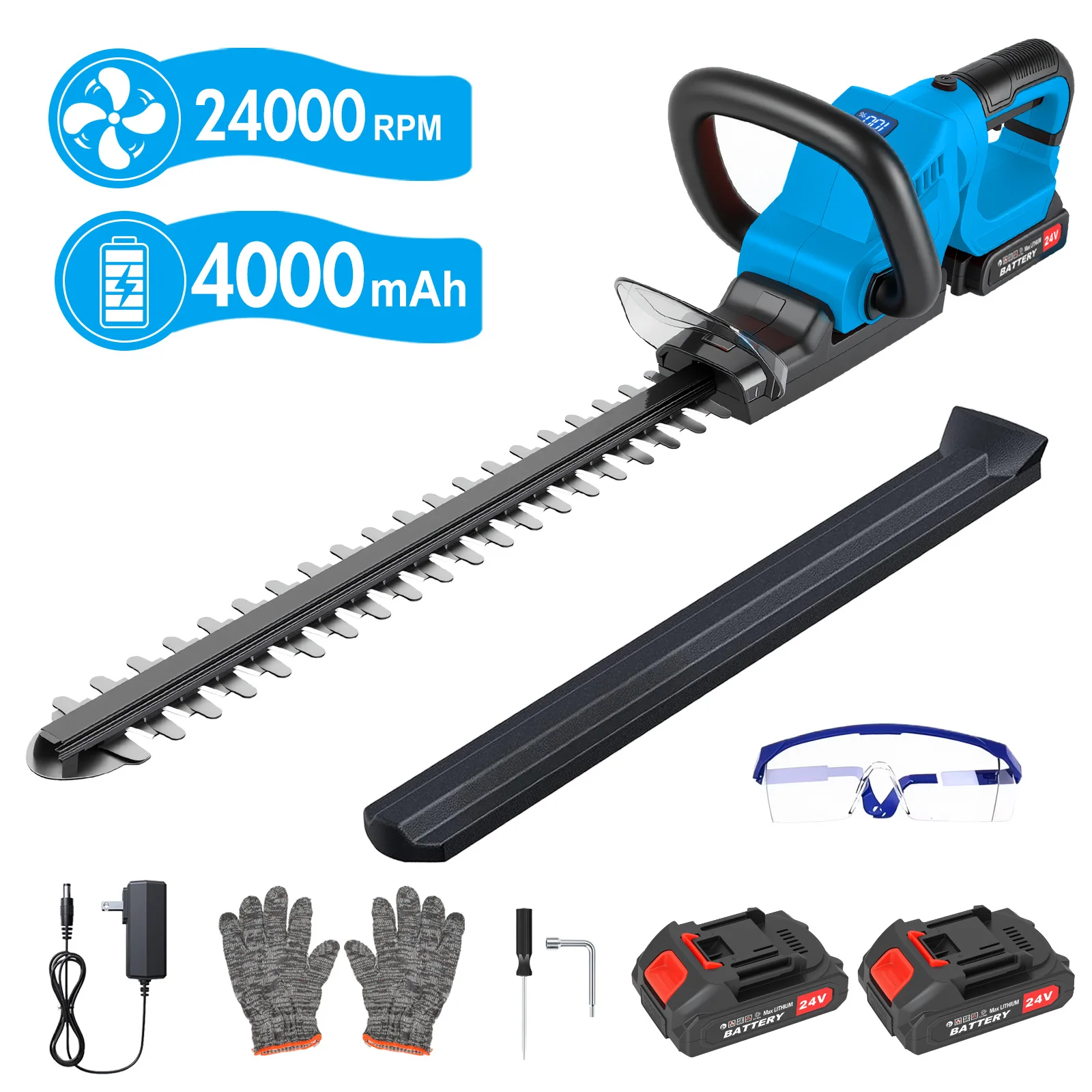 

22-дюймовый беспроводной электрический кусторез, портативный садовый инструмент, 2 аккумулятора по 2000 мАч и зарядное устройство для газона, сада, двора