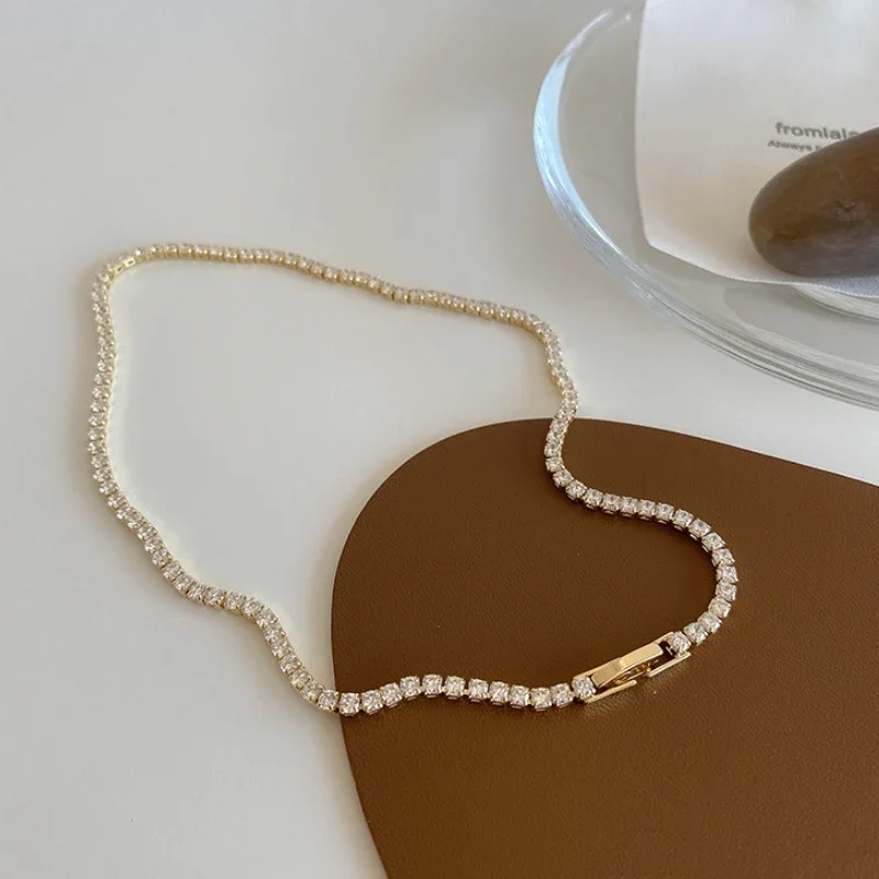 Sexy Sweet Romantic Crystal Shiny Gold Tennis Chains Choker Necklaces for Women Charm Delicate Jewelry Girls Fashion Wife Gift