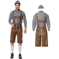 M-XXL Male Oktoberfest Lederhosen Costume Long Sleeve Suspenders Rompers Shirt Hat German Bavarian Beer Festival Cosplay Outfit