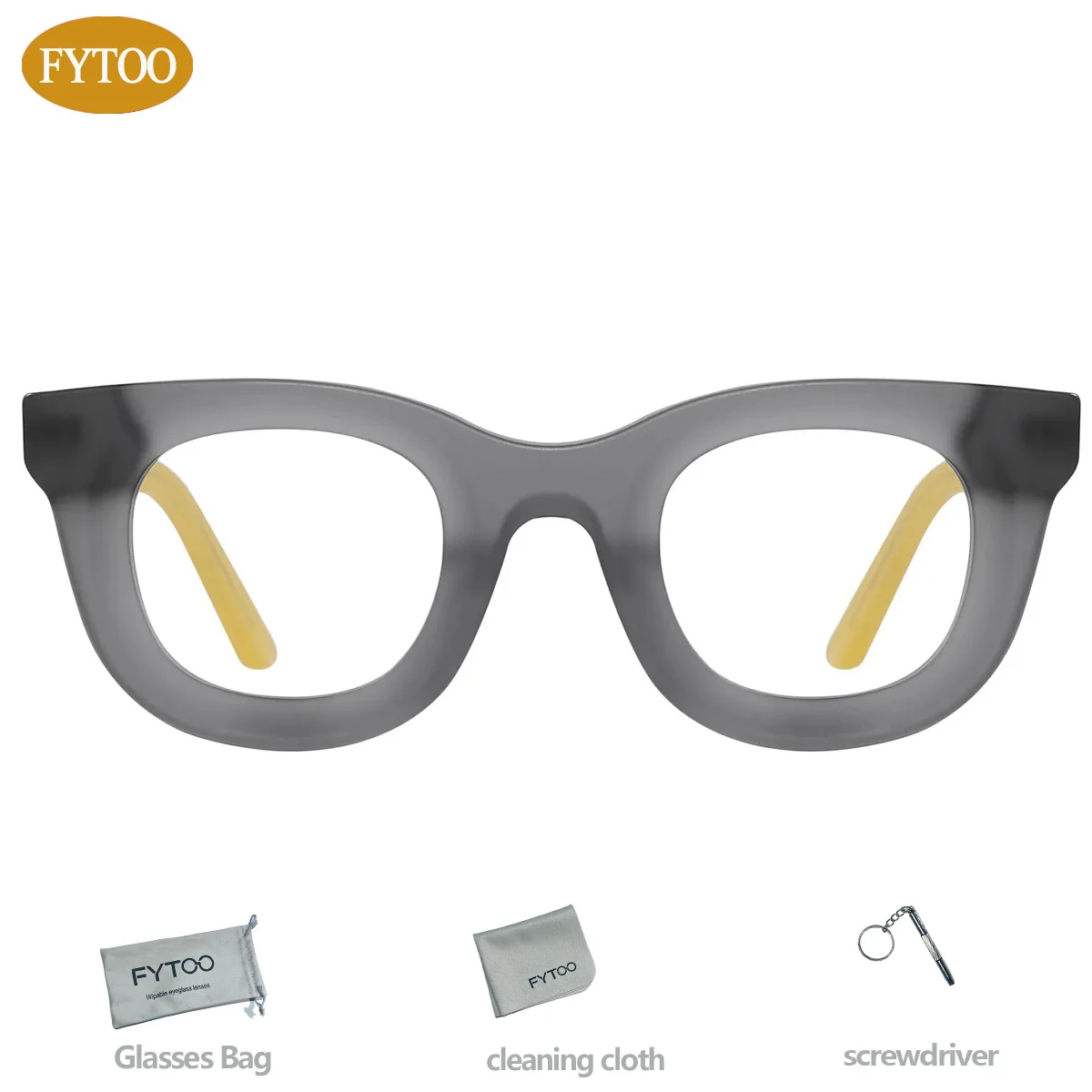 FYTOO Niche Cool Gray-Yellow Retro Round Glasses Accessories Included Durable Acetate, Unisex.1437-C1&K