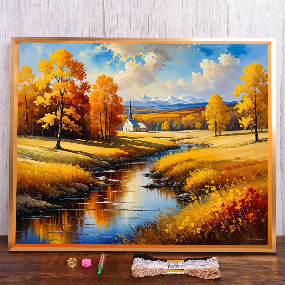 

Landscape Autumn River Pre-Printed 11CT Cross Stitch Full Kit Embroidery Hobby Needlework Craft Handiwork Stamped Magic Package