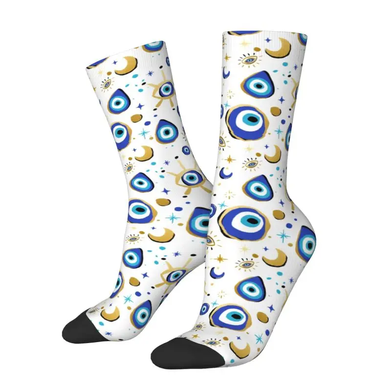 Fun Print Mediterranean Blue And Gold Evil Eye Socks Men Women Stretchy Summer Autumn Winter Hamsa Nazar Amulet Boho Crew Socks