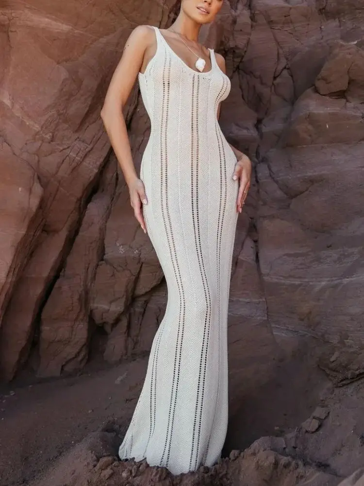 Weißes gestricktes Strandkleid für Damen, Urlaubs-Outfits, sexy, aushöhlen, ärmellos, schlankes langes Kleid, Sommer, elegantes, rückenfreies