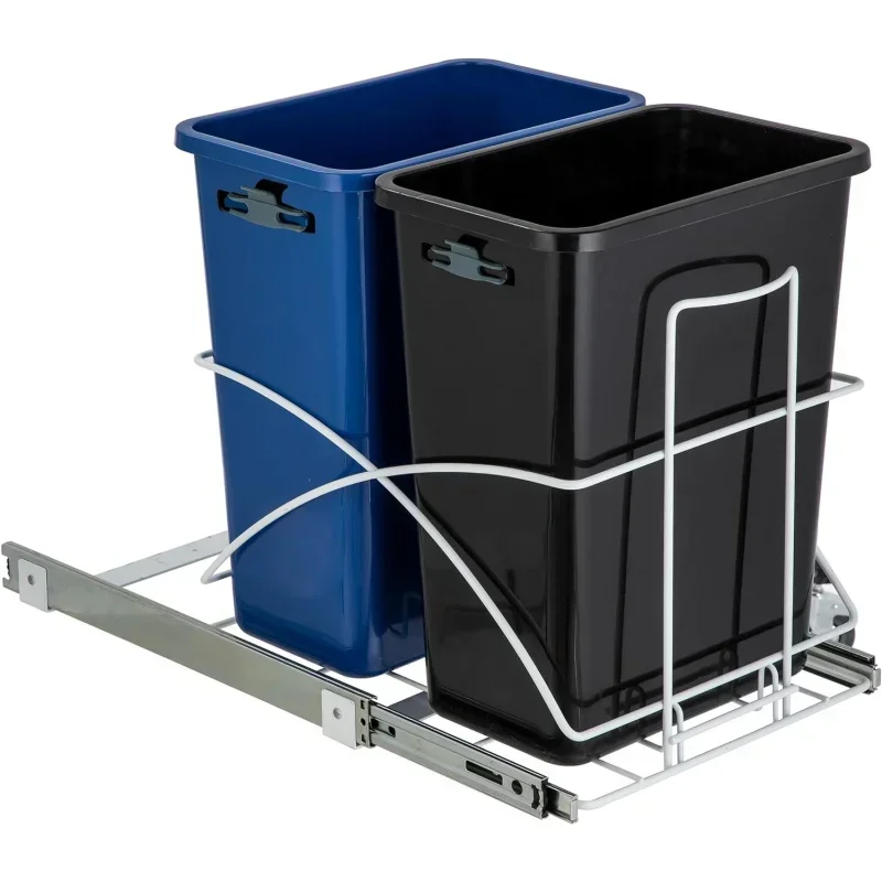 15 Gallon Pull Out Dual Trash Can Recycling and Trash, Under Cabinet Design, 58 Liter Total Capacity, Black, VK40235U