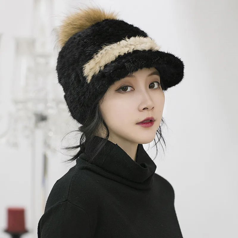 Mink Fur Knight Hat Women Winter Fashion Mink Fur Weave Baseball Cap With Fox Fur Ball Women's Warm Fur Cap Female Black Fur Cap