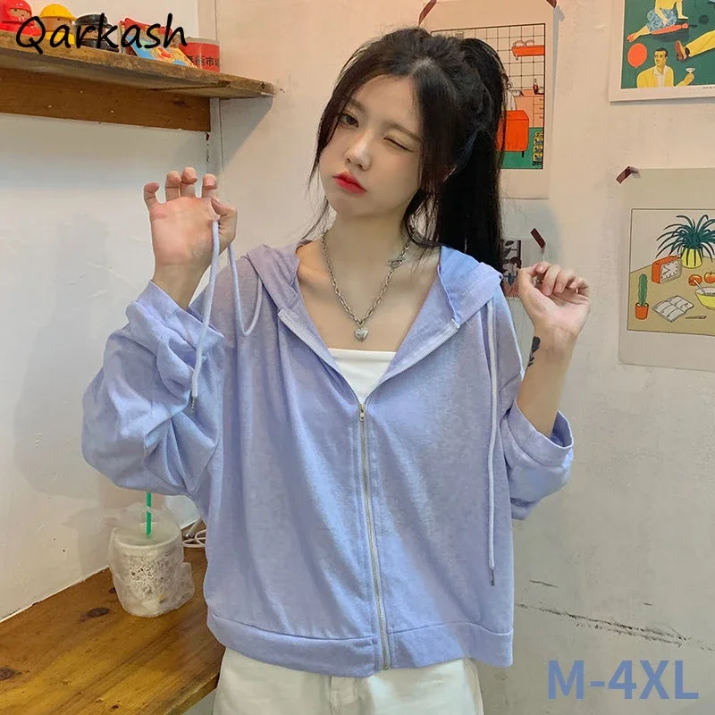 

Basic Jackets Women Zipper with Hat Pure Color Cropped M-4XL Minimalist Students Classic Sun Protection Leisure Teens Clothes