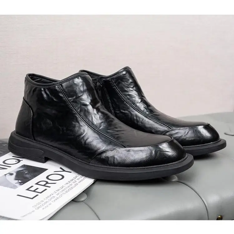 

Genuine Leather Boots Men's Mid-Calf Busin Casual Chelsea Boots Bla Workwear Sle Autumn Winter Warm Rubber Sole