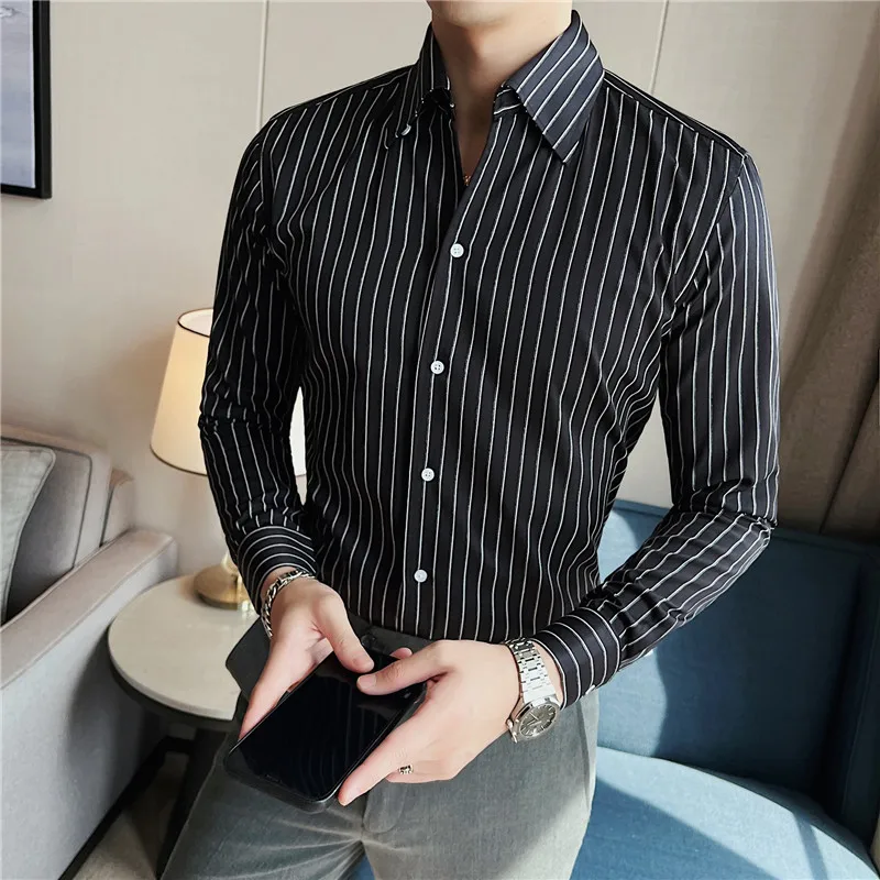 British Style Slim Fit Striped Shirts Mens Long Sleeved Business Formal Shirts Streetwear Formal Social Party Clothing Hommes