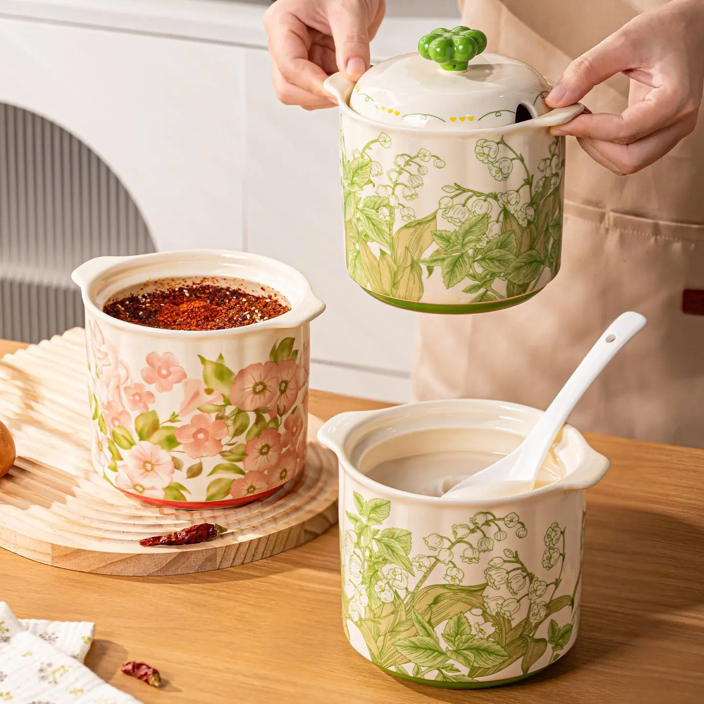 

Japanese Underglaze Ceramic Lard Jar with Lid Spoon, High Temperature Resistant Oil Container – Kitchen Canister for Salt Sugar