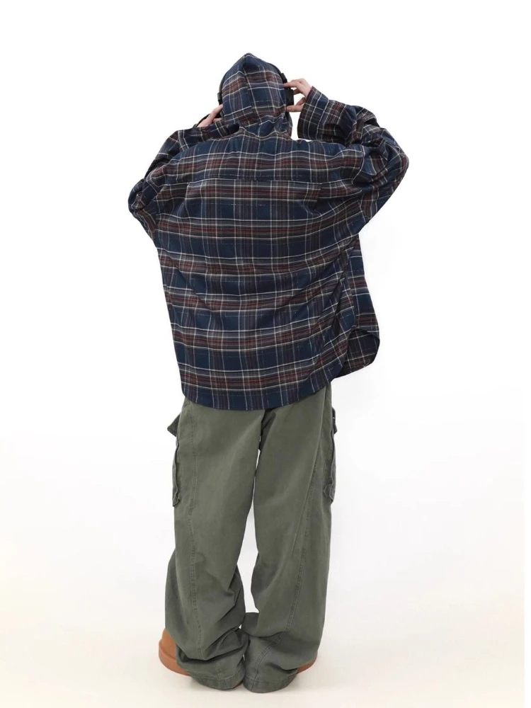 HOUZHOU Vintage American Style Plaid Shirts Hooded Women Man Oversized Checked Long Sleeve Top Harajuku Retro Jackets Streetwear