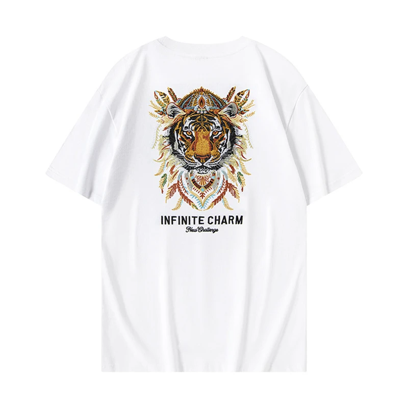 Lyprerazy National Tide Tiger's Head Embroidery Loose Short-sleeved T-shirt Summer Round Neck Cotton Street Tops Tees