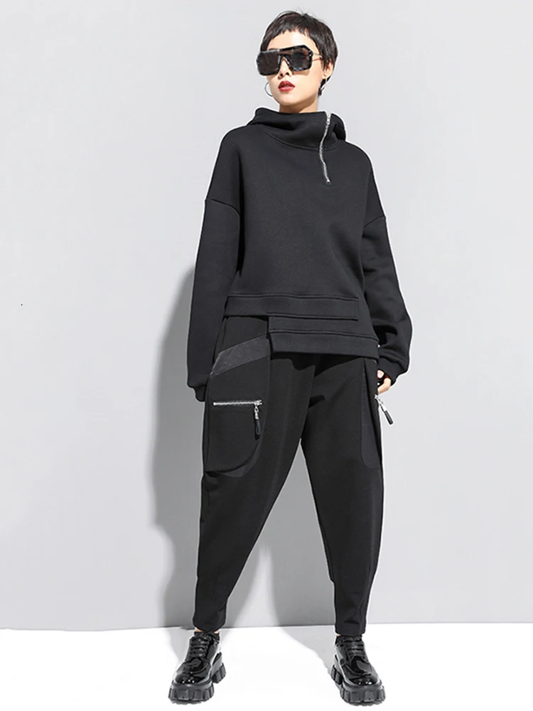 [EAM] Loose Fit Asymmetrical Big Size Sweatshirt New Hooded Long Sleeve Women Big Size Fashion Tide Spring Autumn 2024 19A-a527