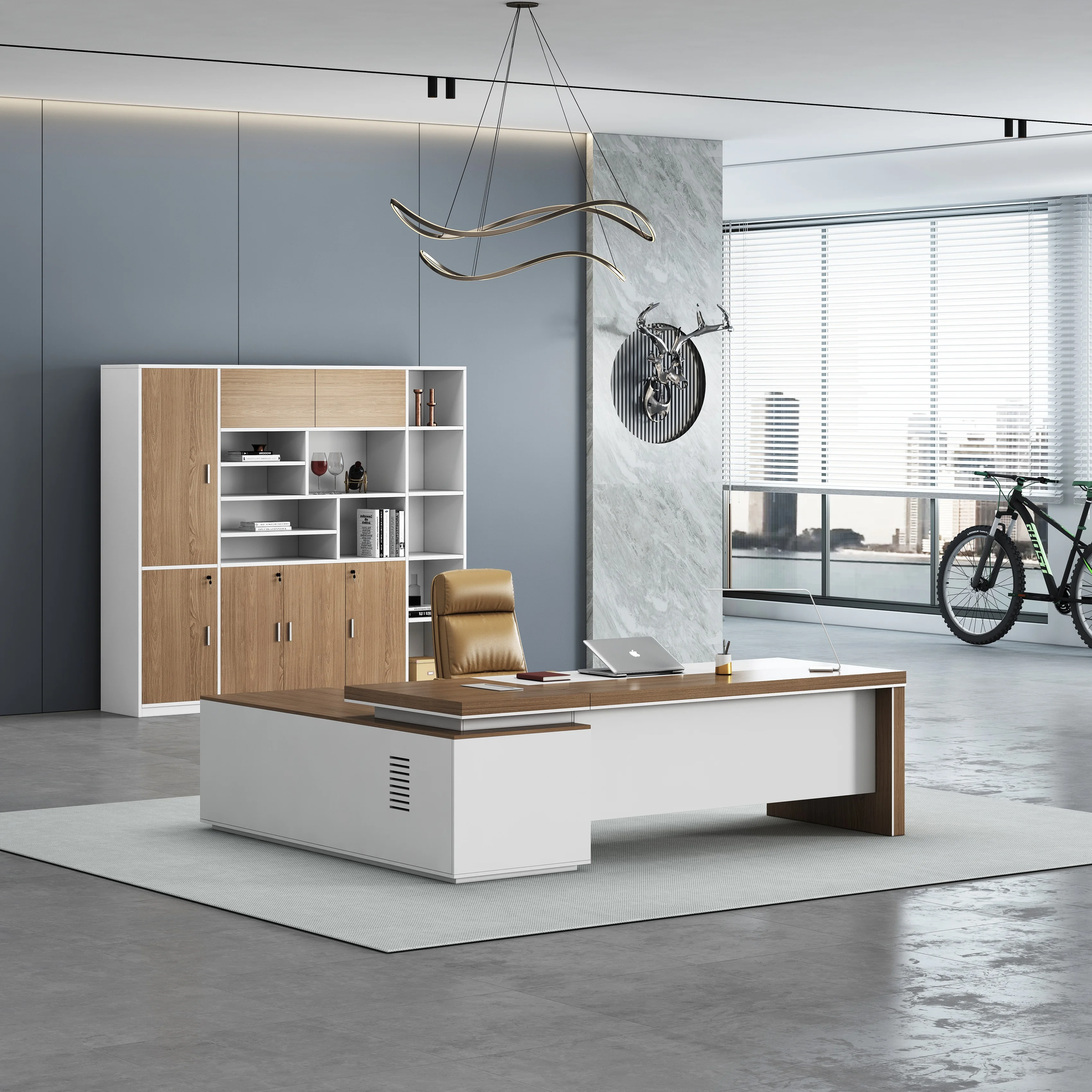 Modern Luxury Wooden Office Desk Workstation Table Designs CEO boss High Tech Executive Pure White