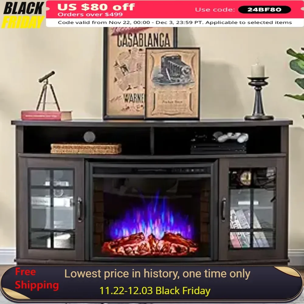 Fireplace TV Stand with Glass Door Storage Cabinet & Open Shelve Console Table for TVs Up To 65'' Electric Fireplace TV Stand