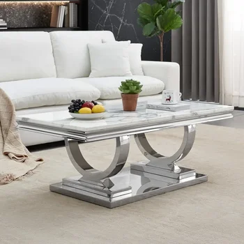 Image Faux Marble Coffee Table for Living Room Luxury White Marble Center Table with Silver Pedestal Base Mid-Century Cocktail Table