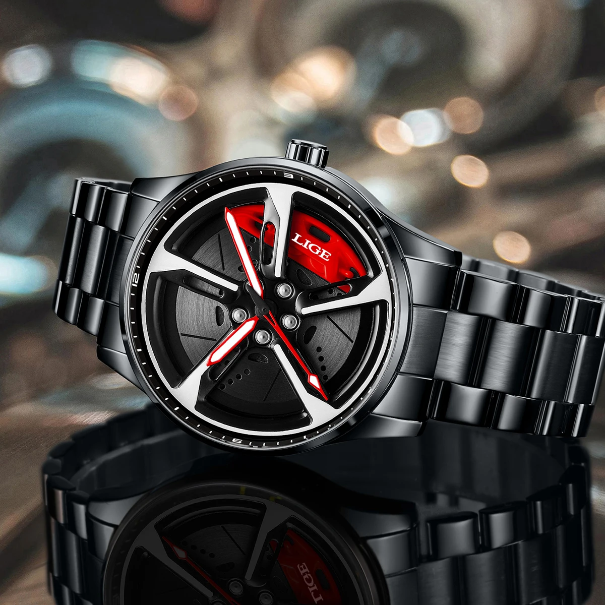 LIGE جديد مقاوم للماء ثلاثي الأبعاد 360 ° الدورية الهيكل العظمي عجلة الكوارتز رجل ووتش حافة السيارة الغزل الرجال الرياضة عارضة الساعات للرجال الساعات #1