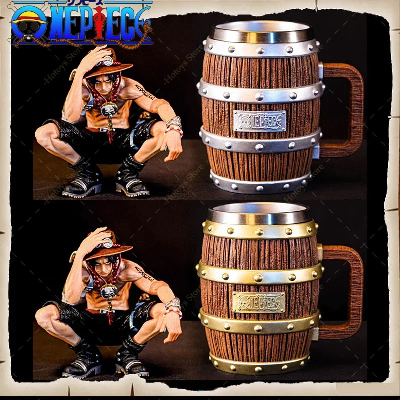 One Piece Figure Ace Luffy Sabo Wine Barrel Cup Cheers Series Gold Silver Ornament Doll PVC Action Model Children Collection Toy