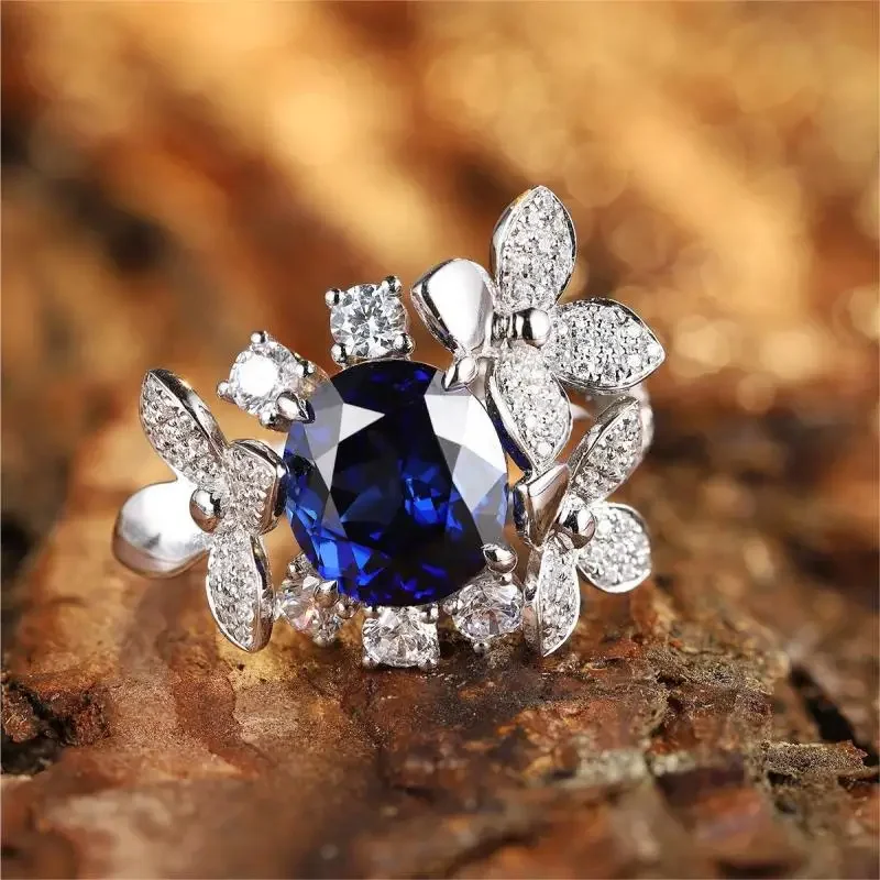 RUIF 2024 High Quality S925 Silver  Lab Grown Blue Sapphire Rings Engagement Wedding Party Gifts