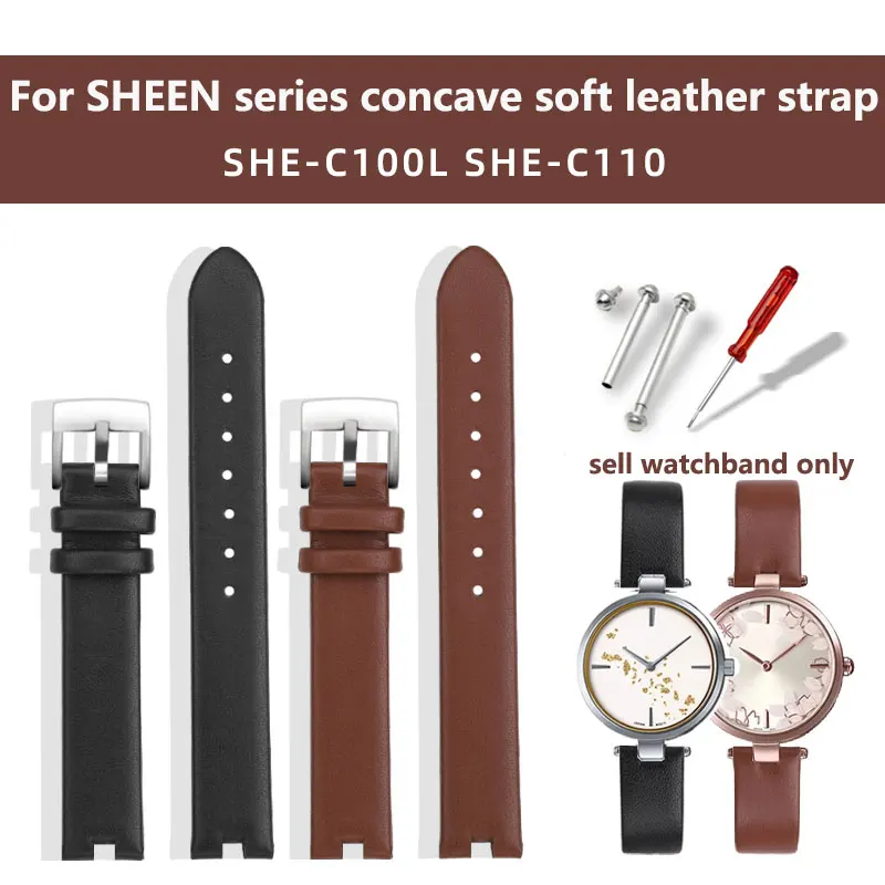 For Casio SHEEN series 5450 SHE-C100L SHE-C110 concave soft leather strap, watch chain accessories, needle buckle 14mm