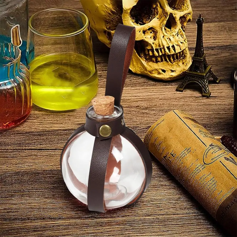 Witch Bottle Renaissance Witch Cork Bottle with Faux Leather Belt Halloween Accessory Decor Potion Bottle 250ml Glass with Cork