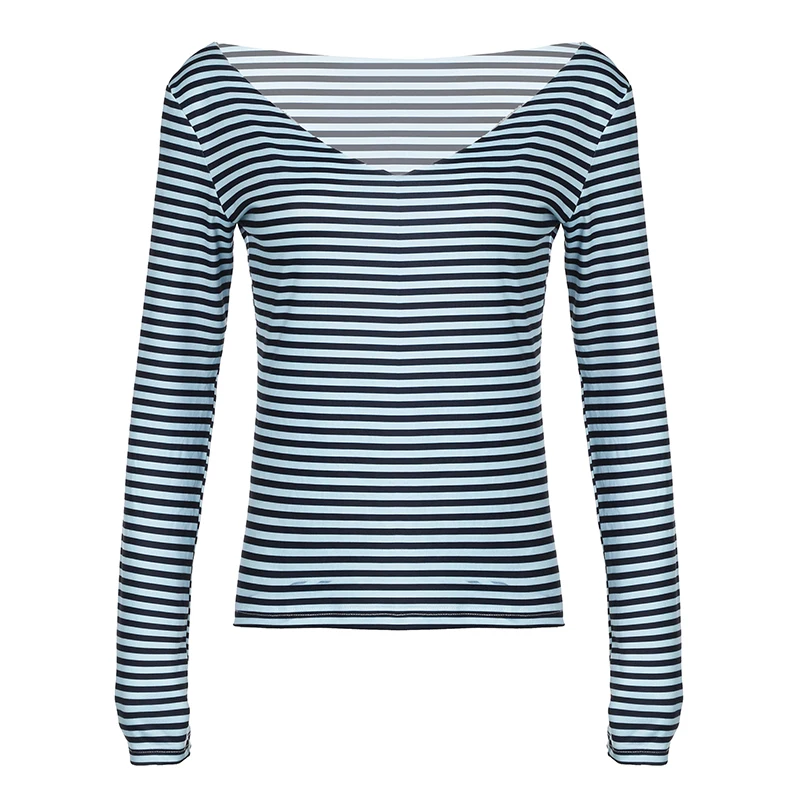 IAMHOTTY High Street Striped Top Deep V-neck Long Sleeve T-shirts Casual Basic Slim-fitting Tops Vintage Chic Elegant Tees Fall