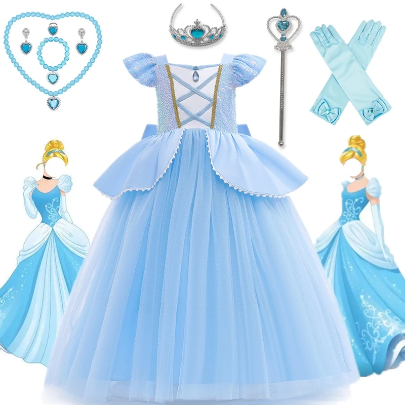 Cinderella Cosplay Costumes Kids Clothes for Girls Sequins Princess Dress with Crown Gloves Birthday Party Ball Gown 3-10 Years