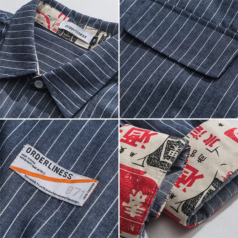 Thin Long Sleeved Striped Workwear Shirt for Men American Retro Loose Casual Shirt