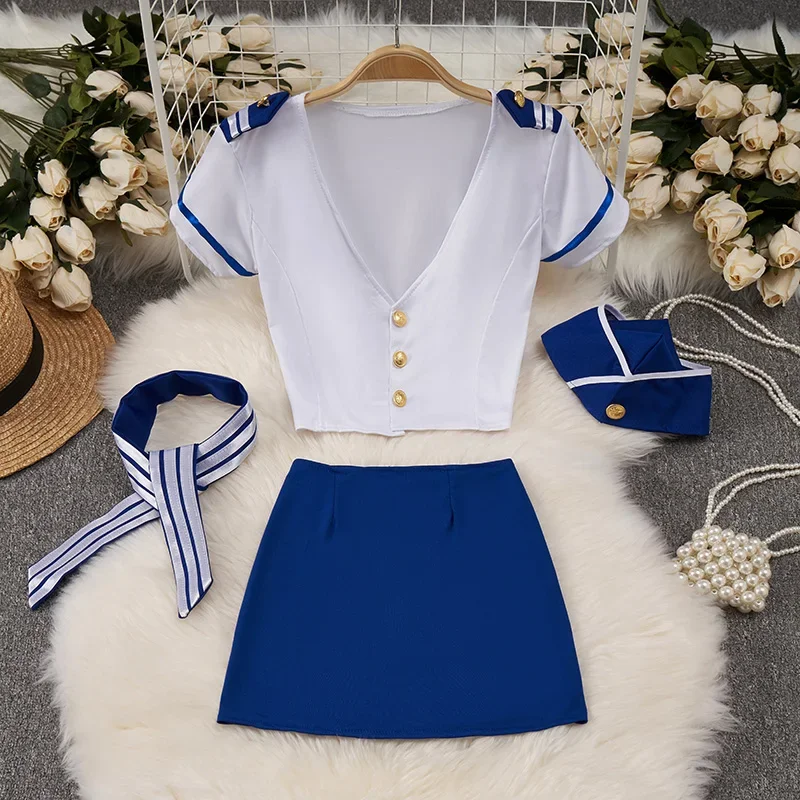 Uniforme de vuelo de oficial marinero Sexy para mujer, trajes cortos de juego de rol, camiseta de 4 piezas con cuello en V, Top corto, falda envolvente de cadera azul exótica