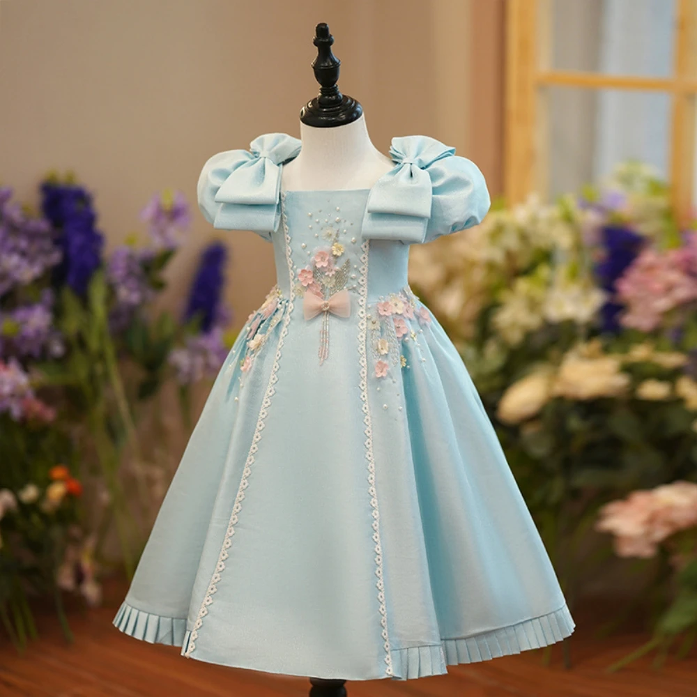 Light Blue Square Neck Puff Sleeves A-line Dresses For Girls Performance Activities Charming Beads Princess Gown Birthday Party