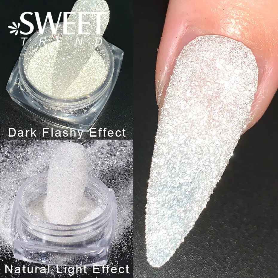 

1 Box Reflective Nail Glitter Powder White Sparkle Silver Holographic Shinning Diamonds Dipping Powder Pigment Chrome Decoration