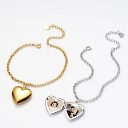 Stainless Steel Love Heart Locket Pendant Personalized Custom Photo Openable Heart Photo Frame  keepsake Bracelets For Women Men