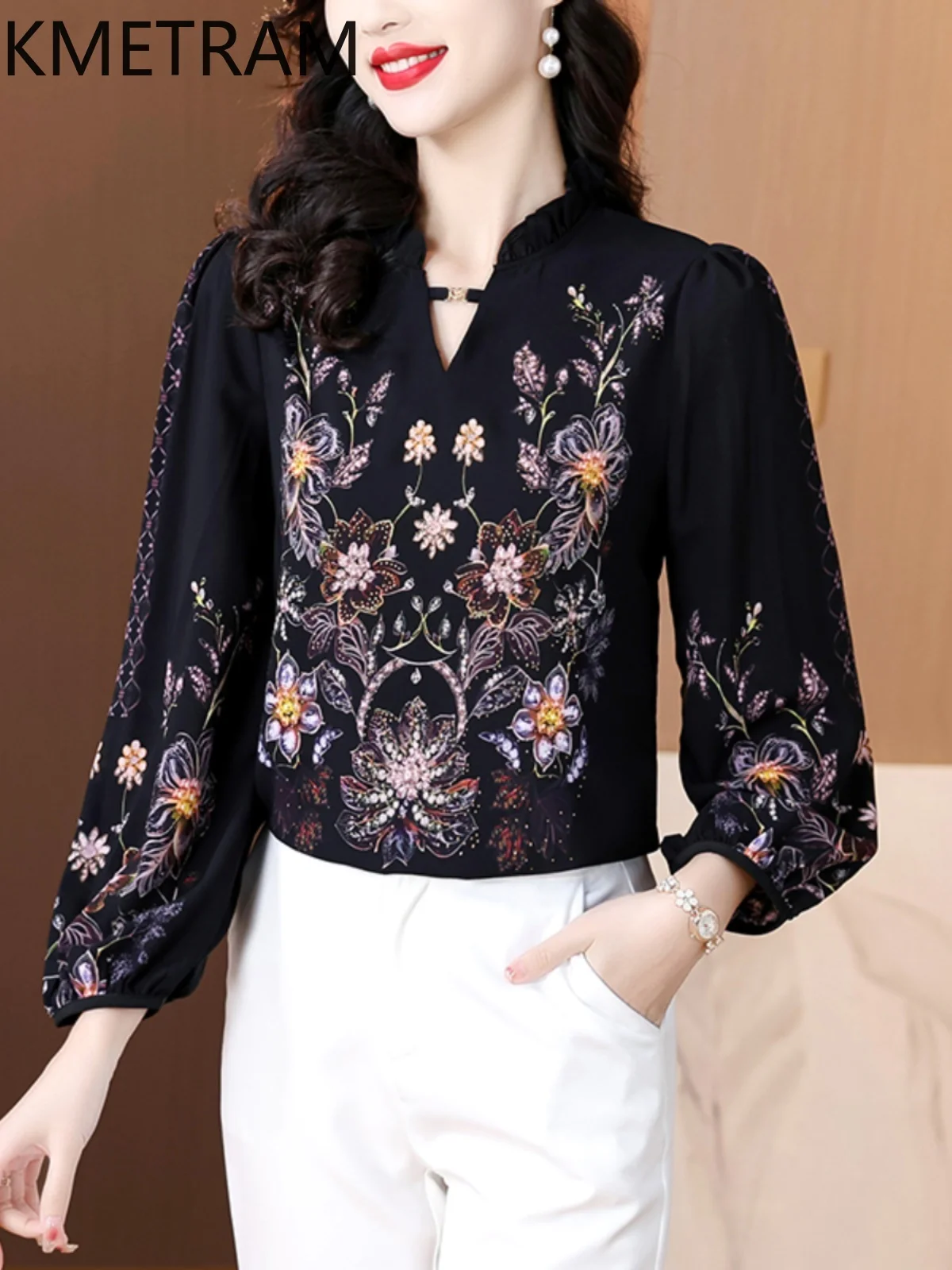 KMETRAM 90% Mulberry Silk Blouse Woman V-Neck Floral Elegant Tops for Woman Clothing Long Sleeve Women's Shirts 2025 Spring