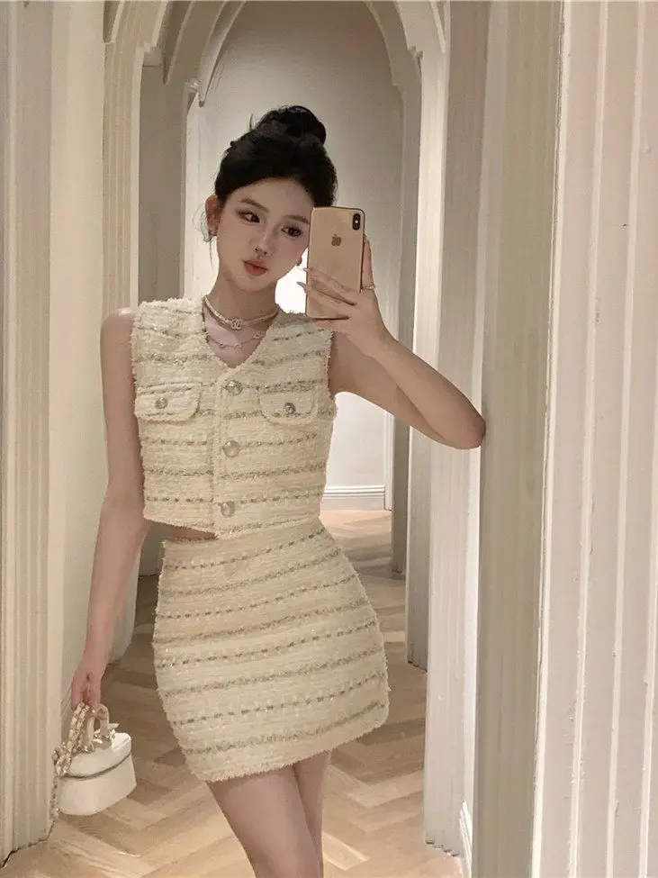 2022 zomer tweed tweedelige set voor dames vintage mouwloos vest top en midi rok outfit elegante chique stijl met klassieke vibes