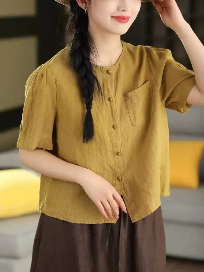 

Commute Style Women's Cotton Linen Short Sleeve Shirt round Neck Single Button Elegant Open Cardigan Top Breathable Summer Ne...