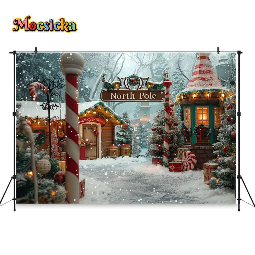 Christmas Photography Background North Pole Candy Cane Town Fairy Tale Backdrop Xmas Gift Shop Kids Winter Outdoor Photocall