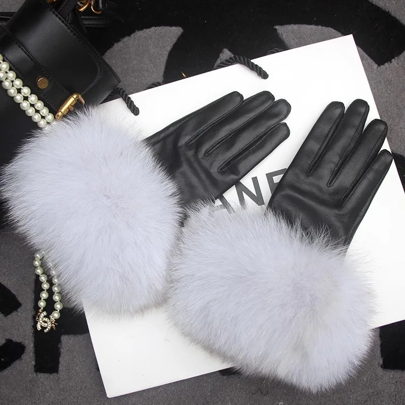 

Real Sheepskin Natural Fluffy Fox Fur Women's Gloves Winter Plus Velvet Warm Chic Ladies Touch Screen Genuine Leather Gloves