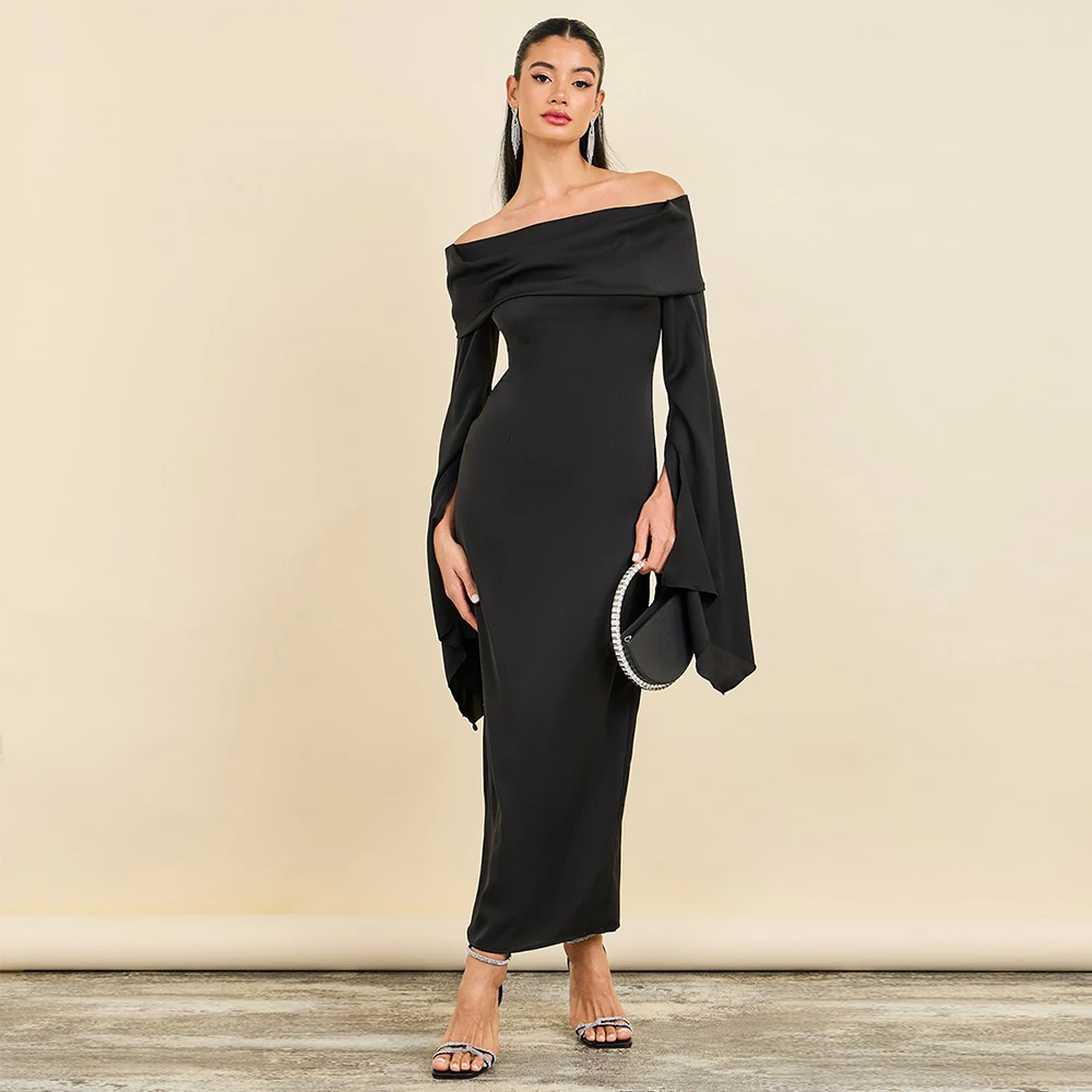 

Evening Dress Off the Shoulder Tea Length Back Split Column Satin Prom Gowns for Women 2025 Simple Wedding Party Dresses Midi