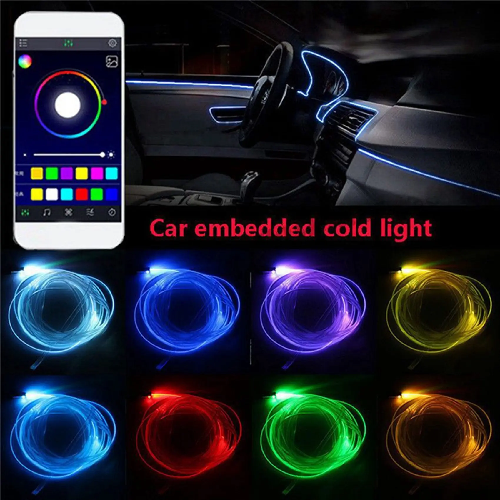 

ABVG-2X 6 In 1 RGB LED Atmosphere Car Light Interior Ambient Light Fiber Optic Strips Light By App Control DIY Music 8M Fiber