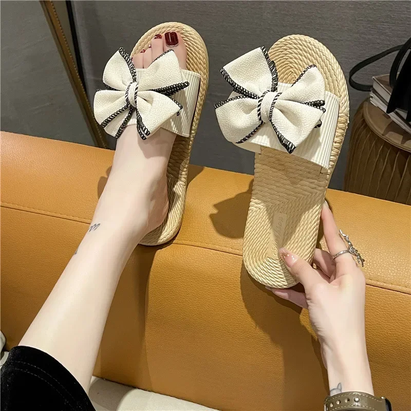 

Women Summer Casual Slides Comfortable Flax Slippers Striped Bow Linen Flip Flops Platform Sandals Ladies Indoor Shoes