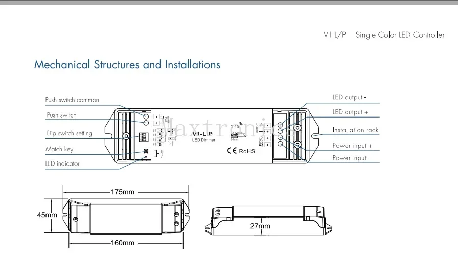 V1-L/P 2.4G RF Push-Dim PWM 250HZ/500HZ/2KHZ/8KHZ لشريط إضاءة LED أحادي اللون 1CH * 15A 12V-48V DC24V 36V CV Controller،