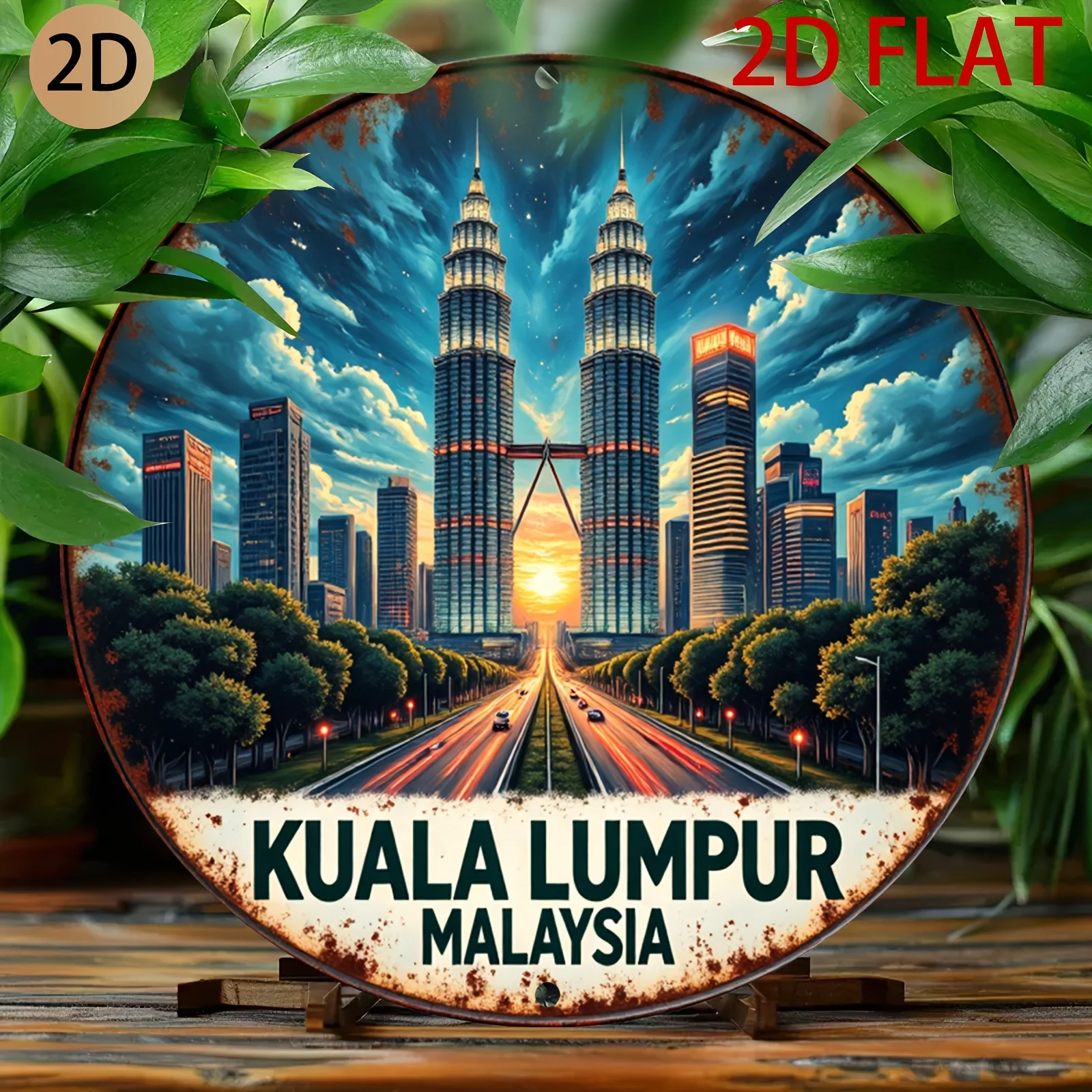 2D Flat - A Round Metal Sign Featuring a Retro Design of Kuala Lumpur'S Cityscape, Perfect for Home Or Travel-Themed Decoratio