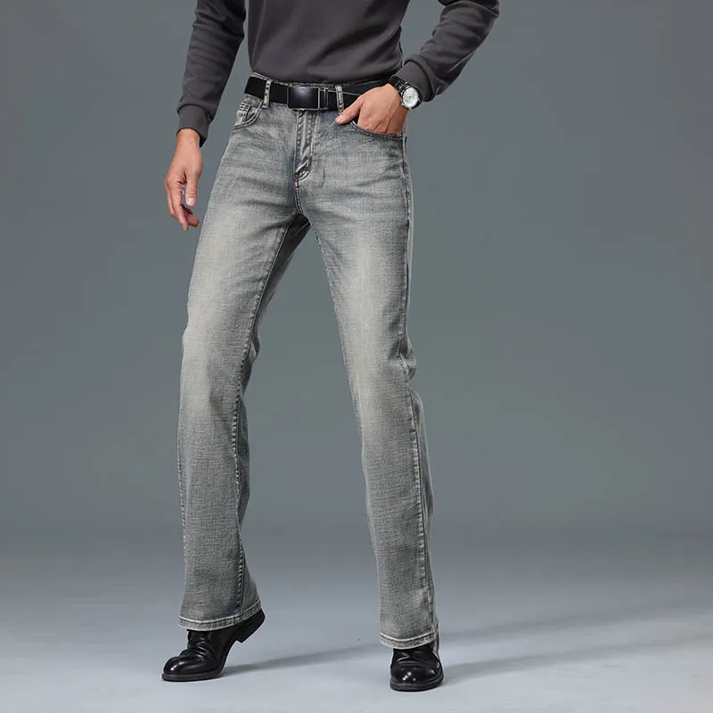 Denim Flared Jeans For Men BootCut Pants Comfortable Slightly Slim Classic Loose Casual Blue Gray Boot Cut  Trousers For Male