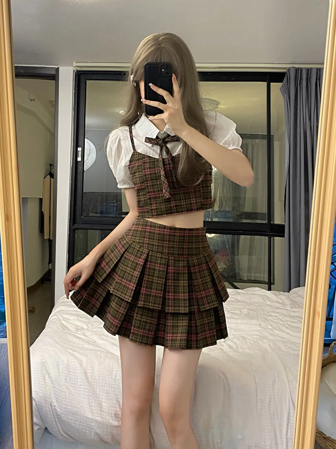 Summer College Style Two piece Sets Women Outfits Plaid Short Shirt High Waist Pleated Skirt Set Spicy Girl JK Uniform Suit