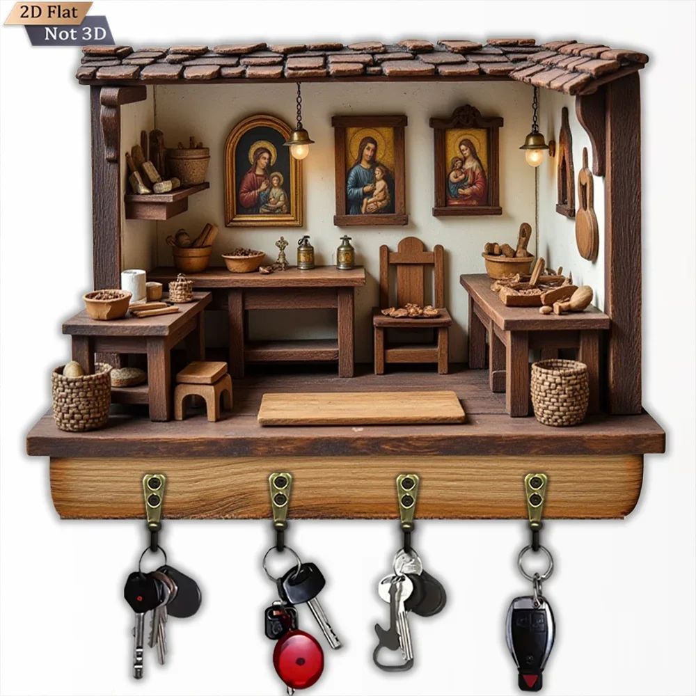 2D Flat, 1pc, Retro Wooden Cabin Key Hook, Wooden Multifunctional Home House Key Hook, with Four Metal Hooks, Wall Decoration,