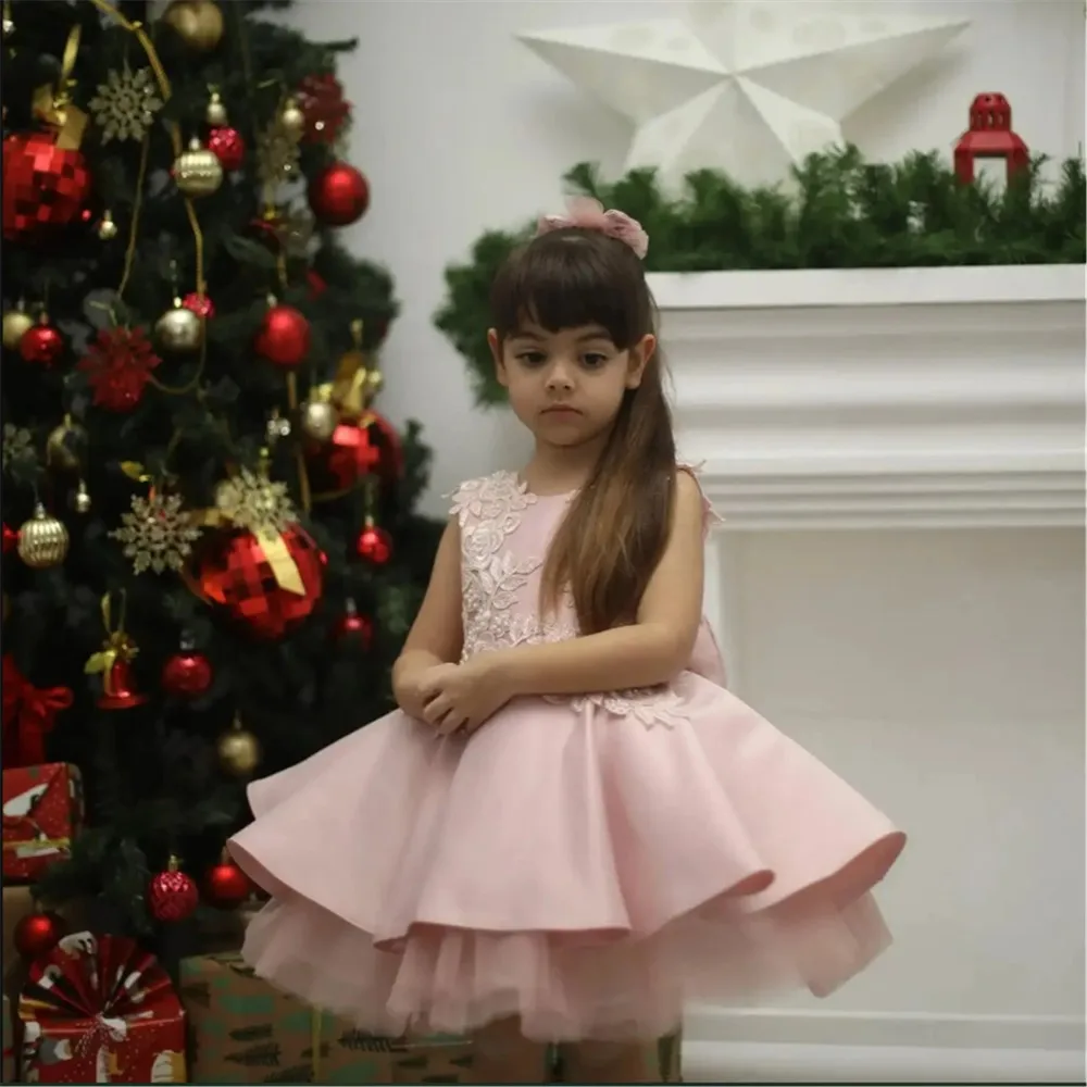 

Customized Flower Girl Dress For Wedding Appliques With Bow Sleeveless Dress Princess Birthday Party First Communion Ball Gown