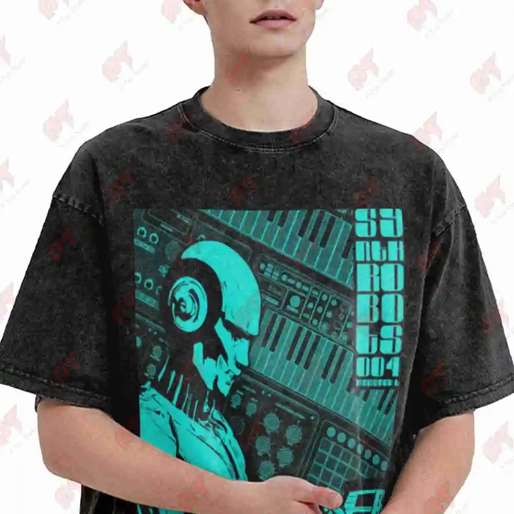 Synth Robots 004 Music Producer Synthesizer Musician Vintage Washed Tee Pure Cotton T-Shirt