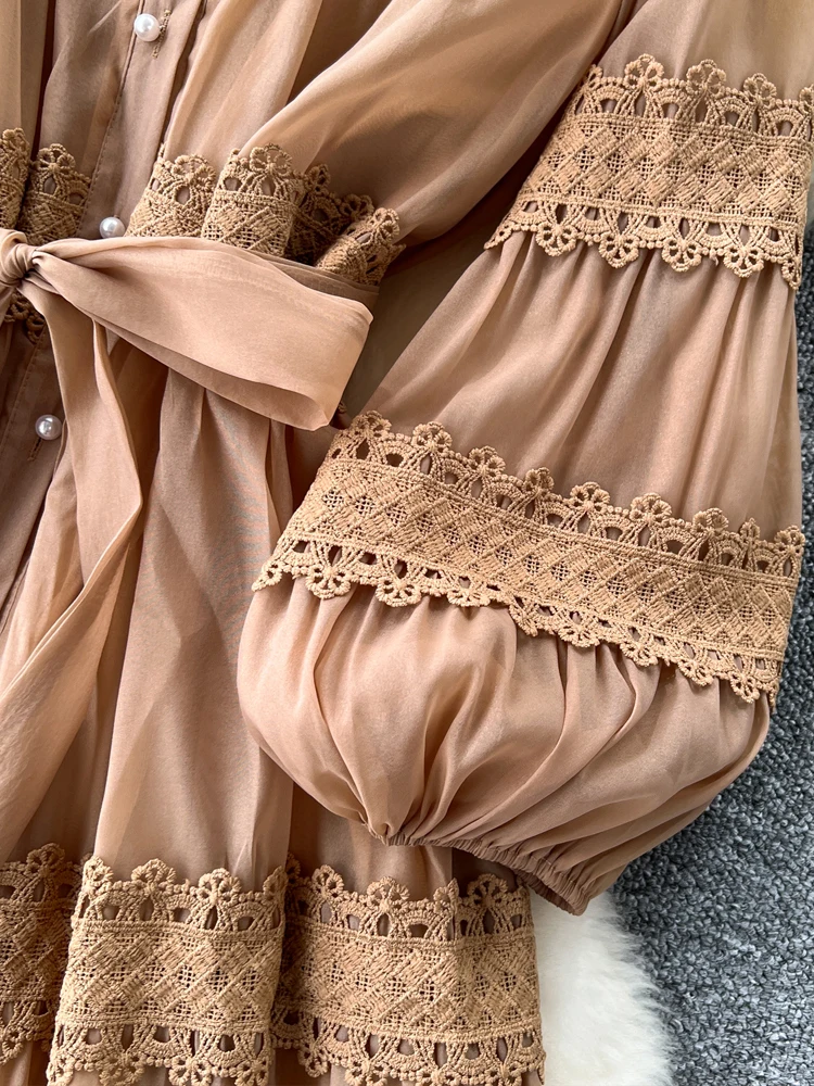 Luksusowa perłowa jednorzędowa długa koszulowa sukienka damska 2024 Jesień Vintage Koronkowe patchworkowe sukienki maxi z szarfami wiosna 4D122